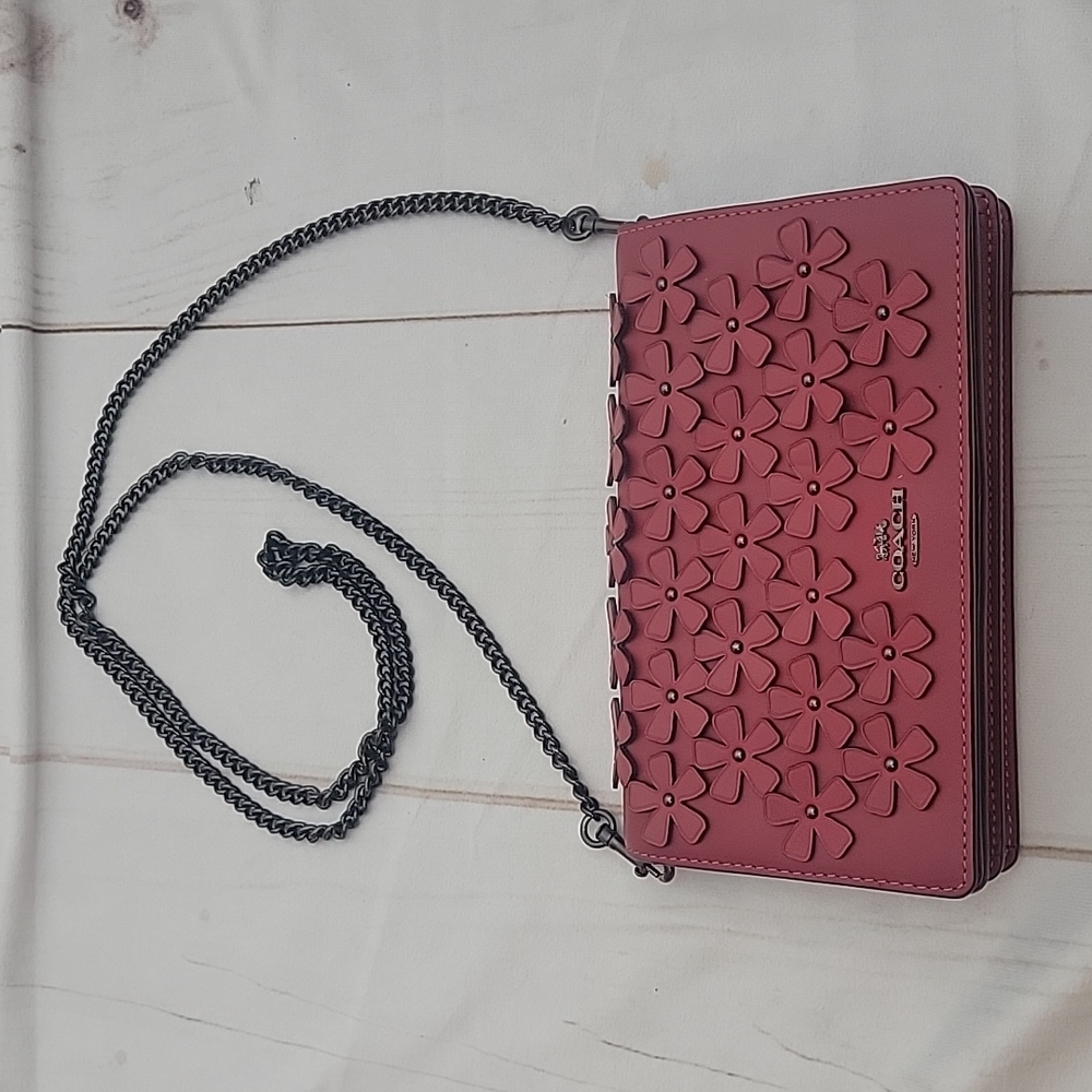 Coach Red Apple Callie Foldover Chain Clutch with Floral Applique Beautiful